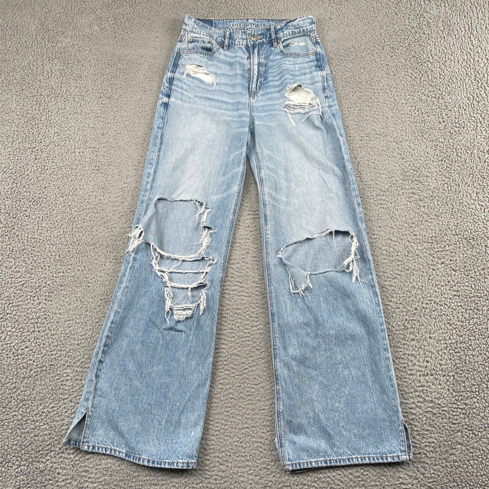 American Eagle Jeans Women 00 Blue Super High-Rise Baggy Wide Leg Distressed